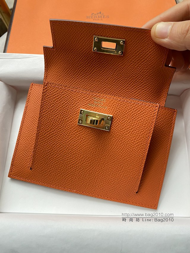Hermes卡包 愛馬仕原版Kelly Pocket Epsom皮 Hermes新款小錢包 經典橙金扣  tdh2179